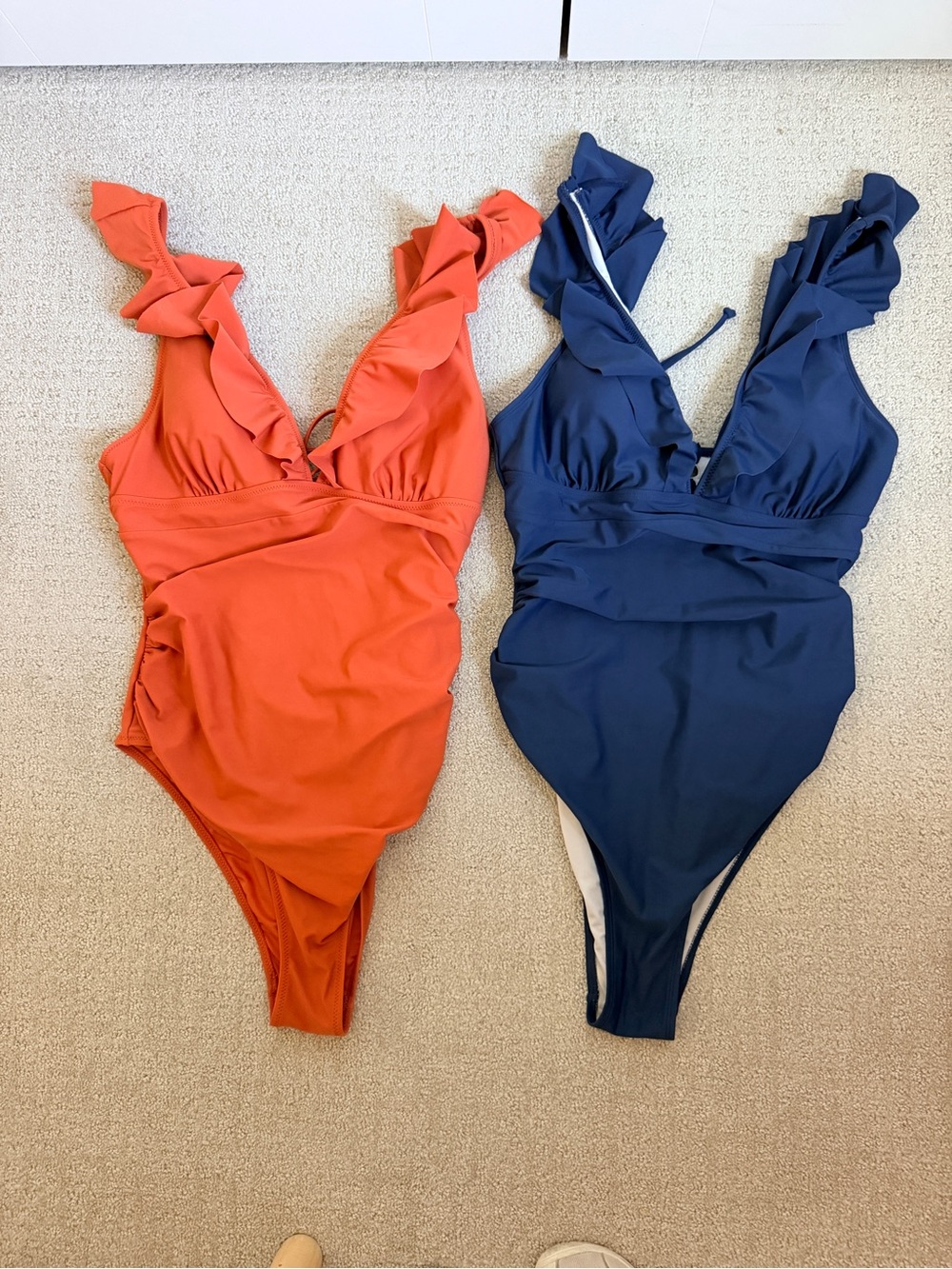 Cupshe Ruffle One-Piece Swimsuits - ruched belly, Orange & Navy